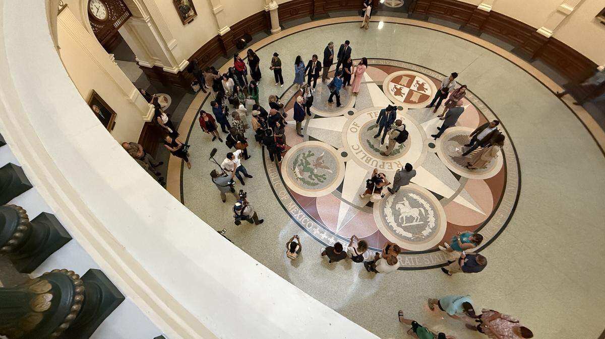 Texas Democrats gather at the Texas Capitol on Aug. 18, 2025 as they return from a quorum break.