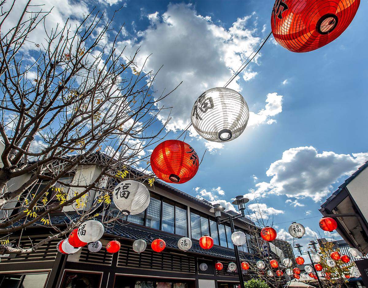 Lanterns line an alley in the Japanese Village in Little Tokyo in Los Angeles.