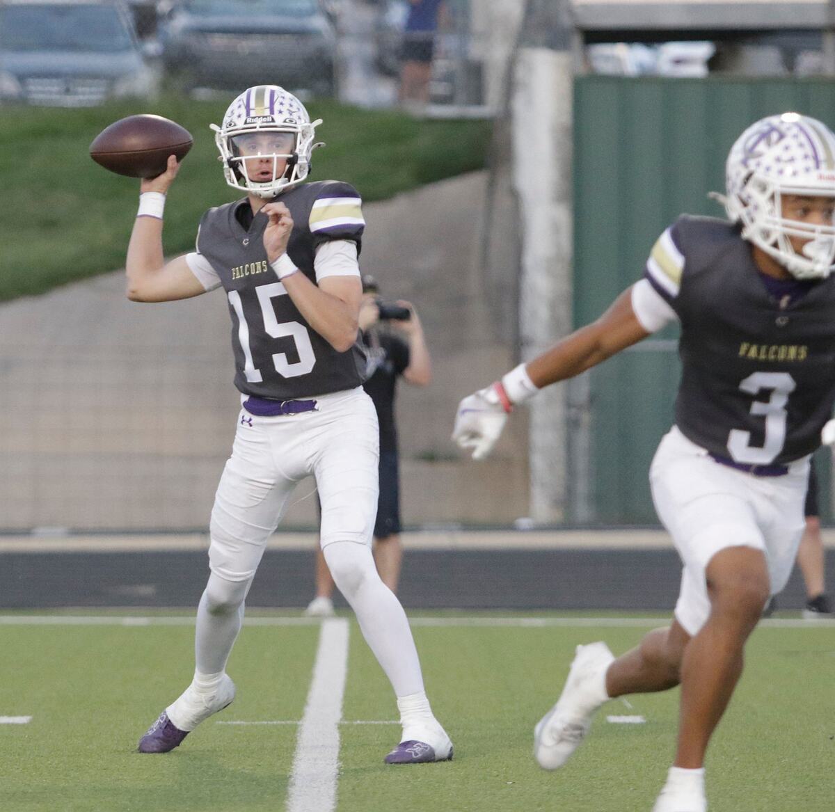 Timber Creek’s quarterback Carson Porter throws a pass during a UIL football game at Keller ISD Stadium on Thursday, October 3, 2024.