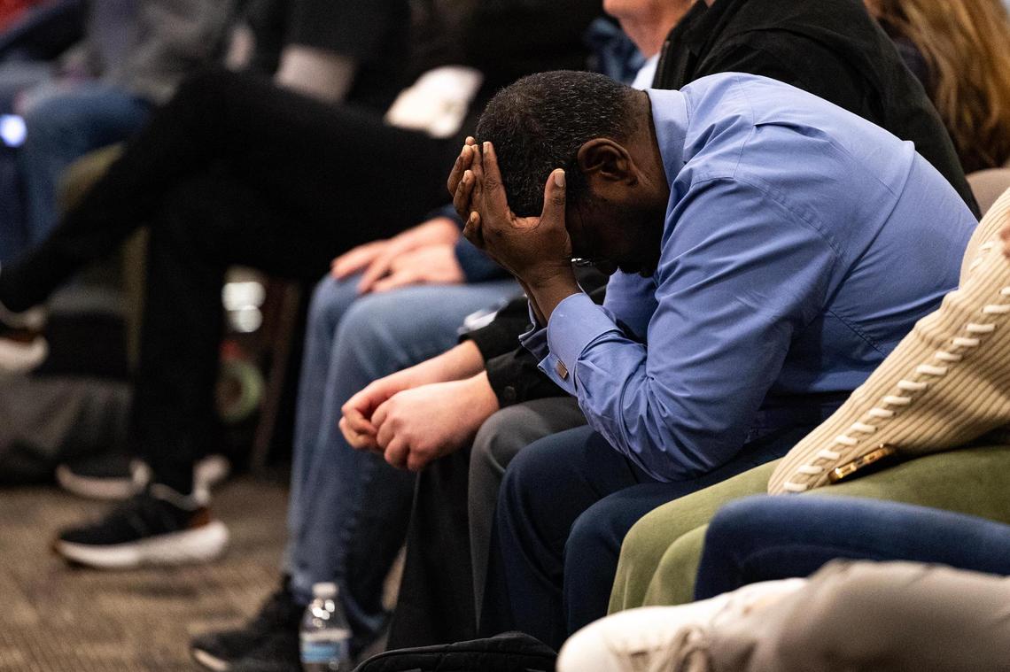 Heritage resident Paul Serrell puts his head down in frustration during a heated discussion in a special meeting regarding the possible split of the Keller Independent School District at the Keller ISD Education Center in Keller on Thursday, Jan. 16, 2025.
