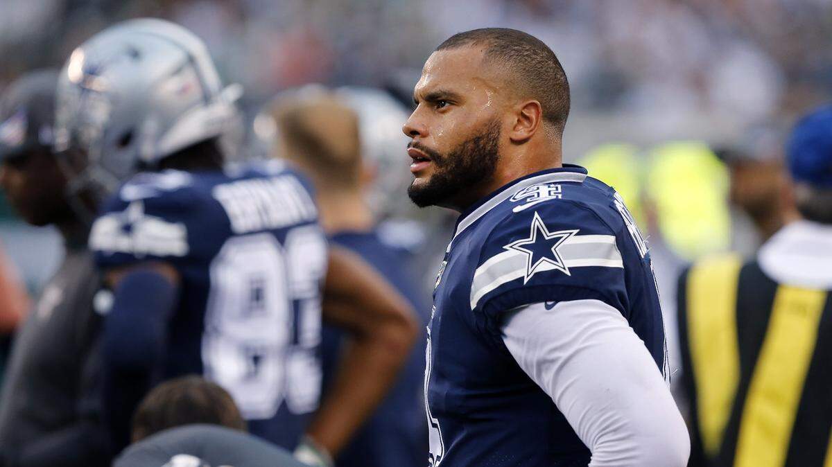 Dallas Cowboys quarterback Dak Prescott (4) on the sideline after not converting a third down against the New York Jets during the first half on Sunday, Oct. 13, 2019 at MetLife Stadium in East Rutherford, N.J. (Tom Fox/The Dallas Morning News/TNS)
