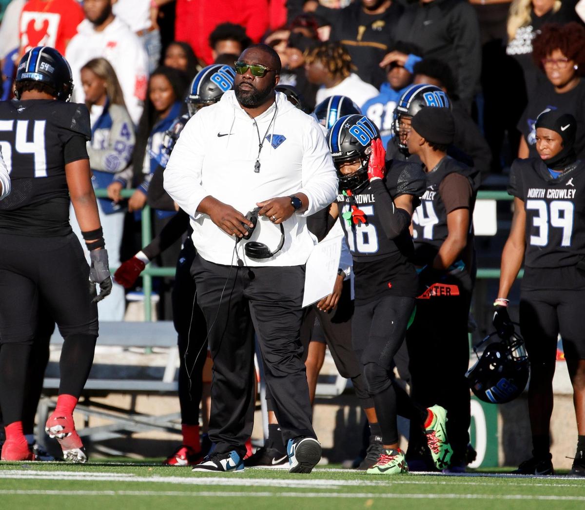 North Crowley head coach Ray Gates watches his offense during the first half of a UIL Conference 6A Division I state semifinal football playoff game at Mesquite Memorial Stadium in Mesquite, Texas, Saturday, Dec. 09, 2023. Duncanville led North Crowley 24-0 at the half.