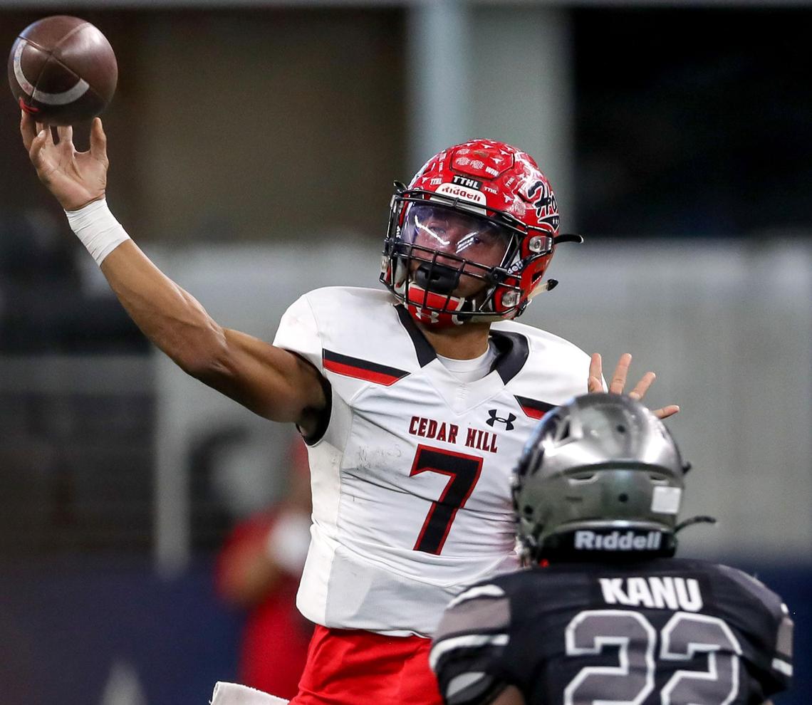 Cedar Hill quarterback Kaidon Salter (7) gets off a pass against Denton Guyer during the second half of their 6A Division II area round high school football playoff game at AT&T Stadium in Arlington, Tx Saturday November 23, 2019.