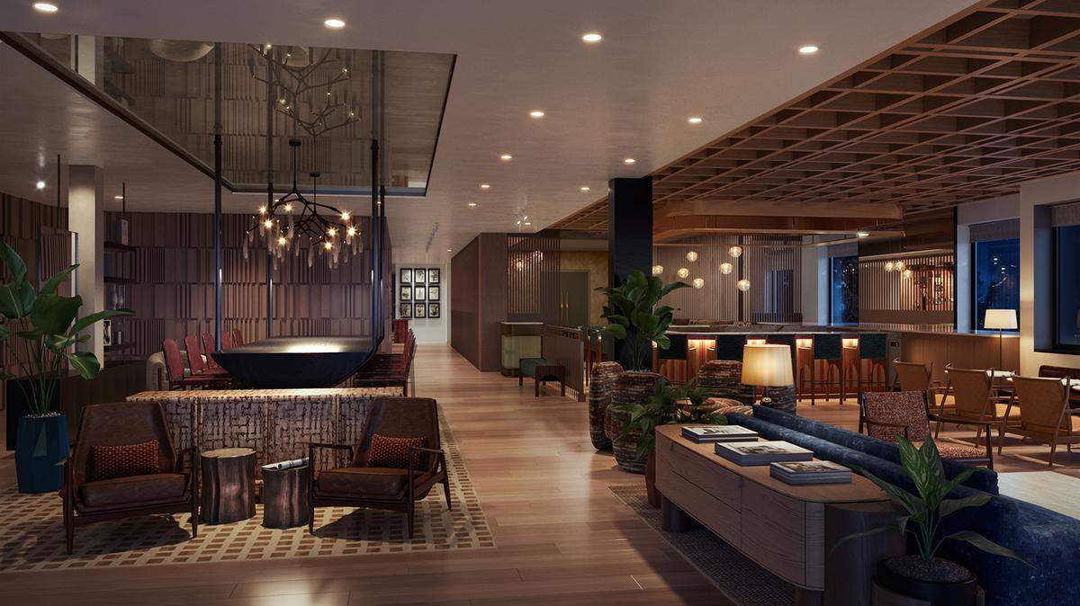 The Elmore Hotel lobby features a contemporary style with a design inspired by the American elm tree.