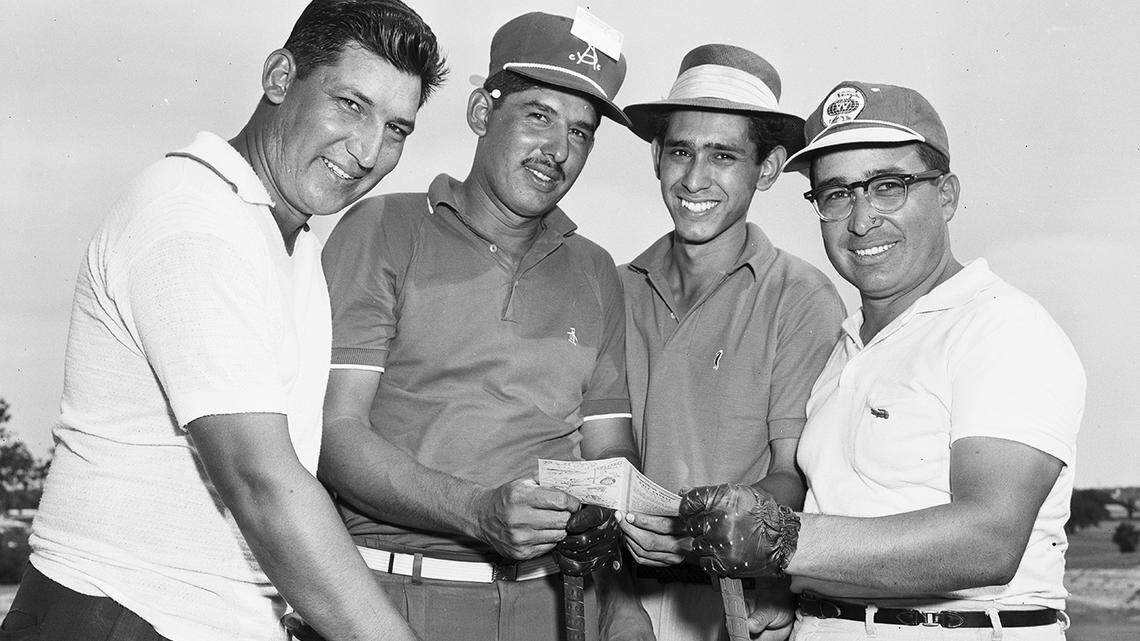 Tony Arredondo, third from left, played in the Pan American golf tournament at Meadowbrook in 1958. He’s shown here with other participants, from left, Johnny and Roy Aguillon, both of San Antonio, and Rudy Flores of Fort Worth.