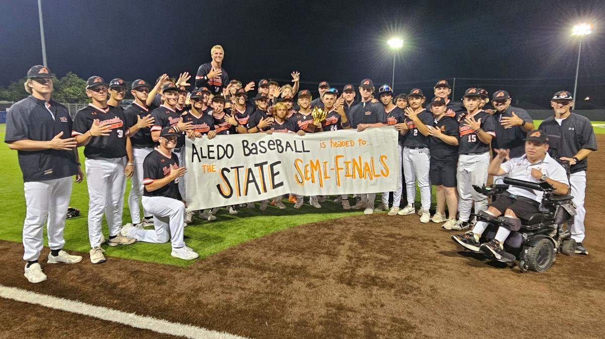 The Aledo baseball team poses with the trophy after winning the Class 5A Division I Region I championship over Colleyville Heritage on Saturday, May 24, 2025 at Boswell High School in Fort Worth, Texas. Aledo won Game 3, 13-2 in five innings to take the series.