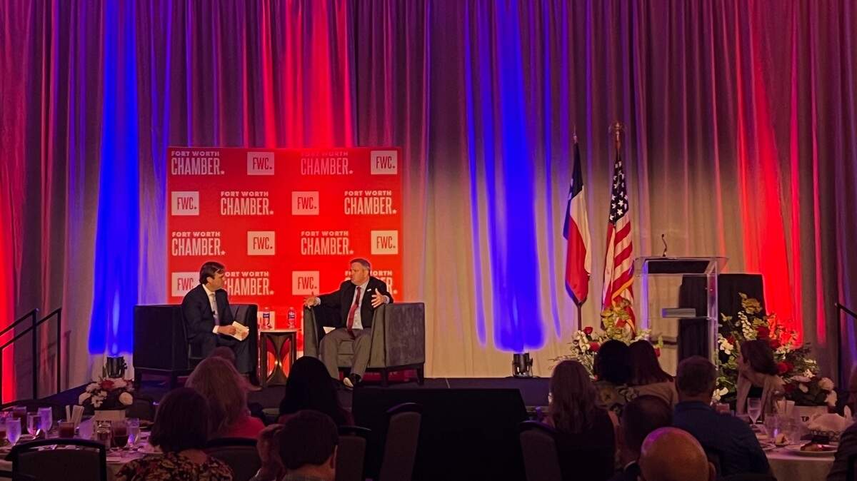 Tarrant County Judge Tim O’Hare delivers the state of the county address at a Fort Worth Chamber event on Friday, Aug. 23, 2024, at the Worthington Renaissance Fort Worth Hotel.