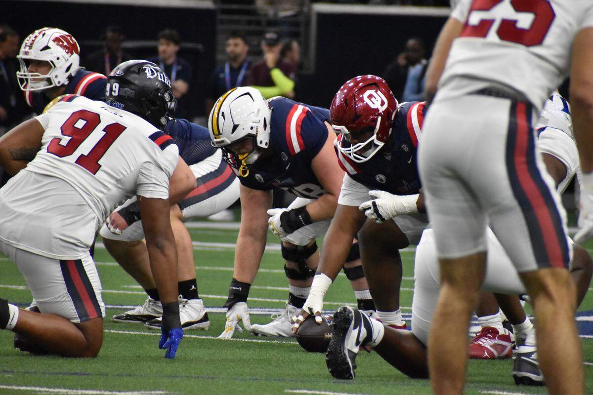 Northwest standout Caden Barnett prepares to block in the Shrine Bowl at the Ford Center at The Star in Frisco, Texas, on Tuesday, Jan. 27, 2026.