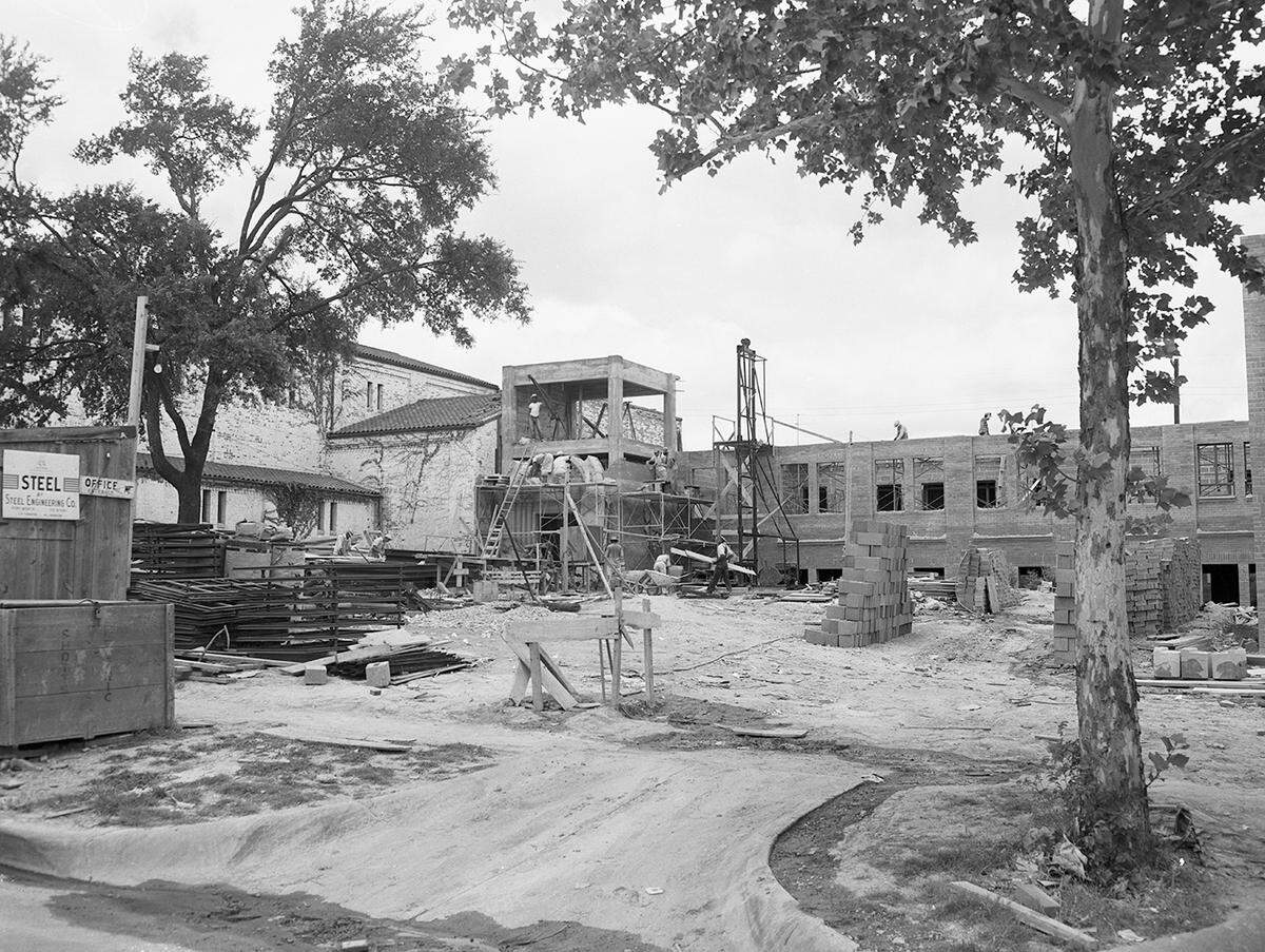 June 14, 1950: University Christian Church’s $450,000 educational and recreational building, with the main entrance to be at the carillon tower, adjoining the old structure.