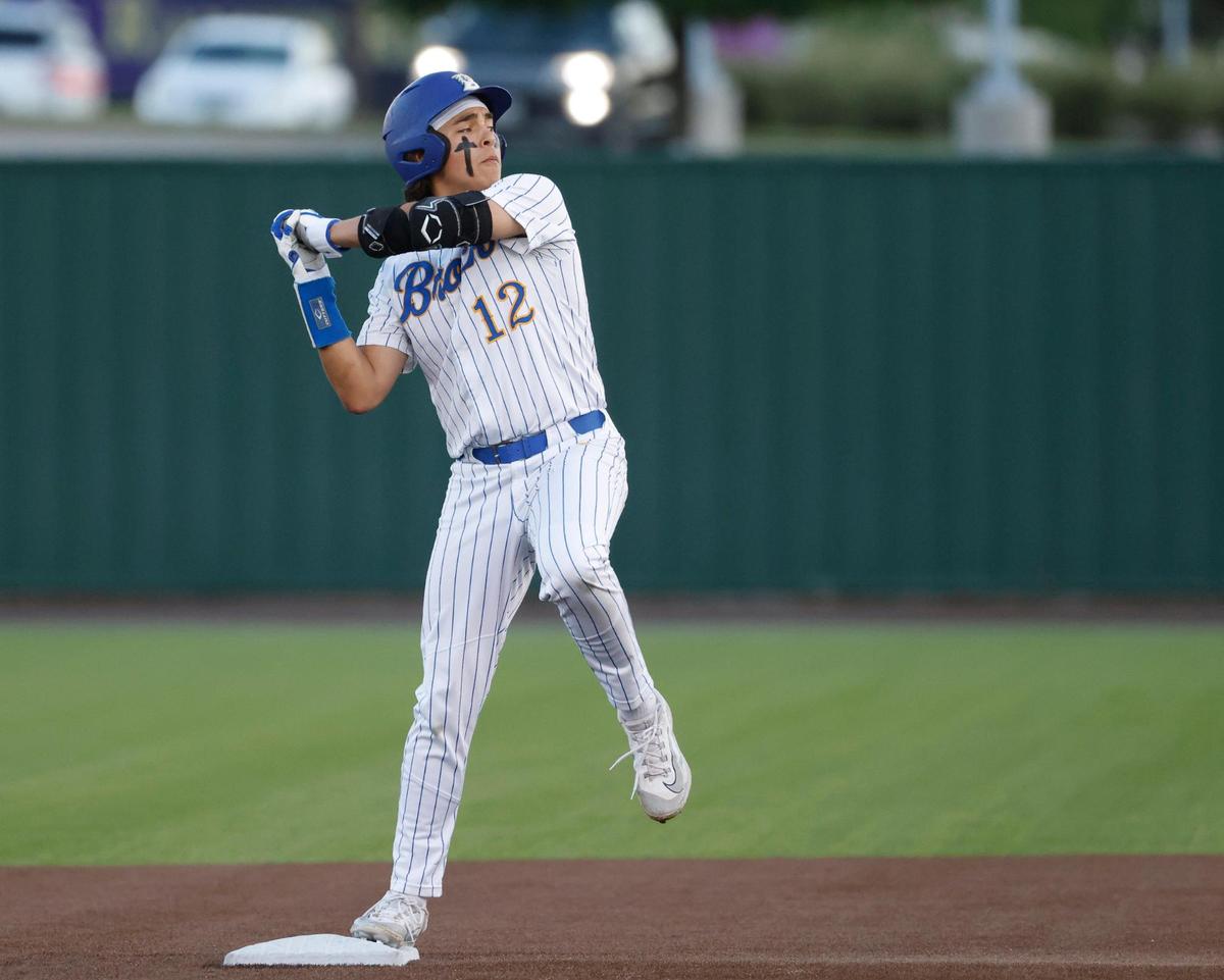 Brock pitcher Evan O’Connor (12) reacts after his double during a UIL Area Round 4A D2 baseball playoff game at Ranger Field in Saginaw, Texas, Friday, May 09, 2025.