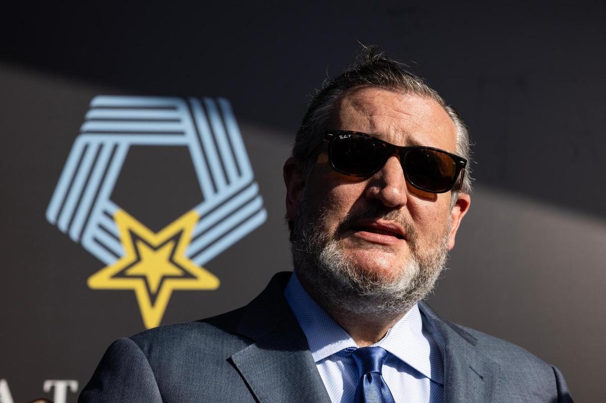Sen. Ted Cruz (R-Texas) speaks to the media on the red carpet for the National Medal of Honor Museum Grand Opening Celebration in the Arlington Entertainment District on Saturday, March 22, 2025.