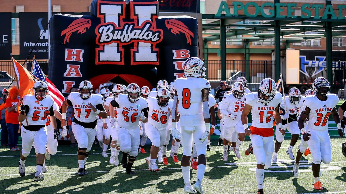 The Haltom Buffalos enter the field to face the Hebron Hawks, Saturday afternoon, December 1, 2018 in the 6A Division II regional playoff game played at Apogee Stadium in Denton, TX.