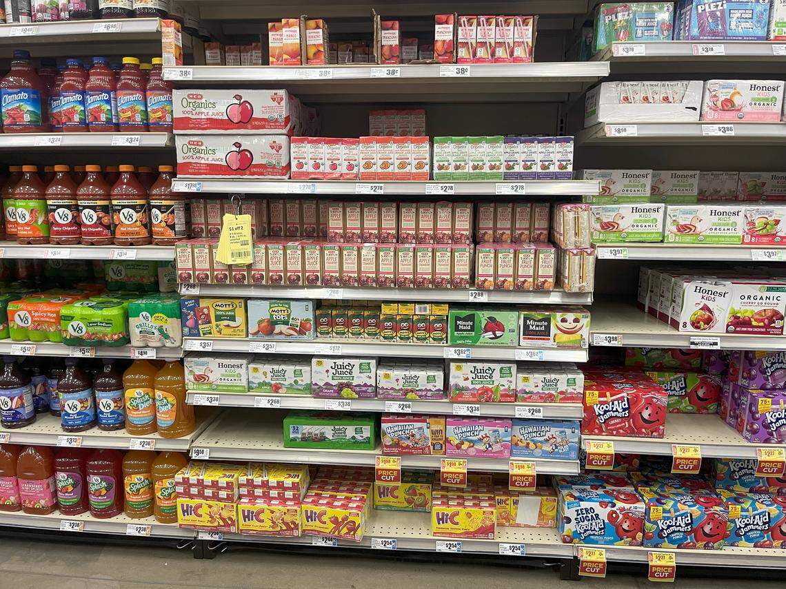 Juice box options at H-E-B in Fort Worth on Aug. 14, 2025.