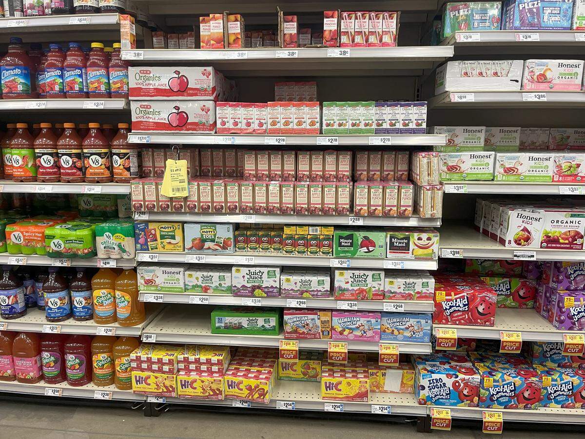 Juice box options at H-E-B in Fort Worth on Aug. 14, 2025.