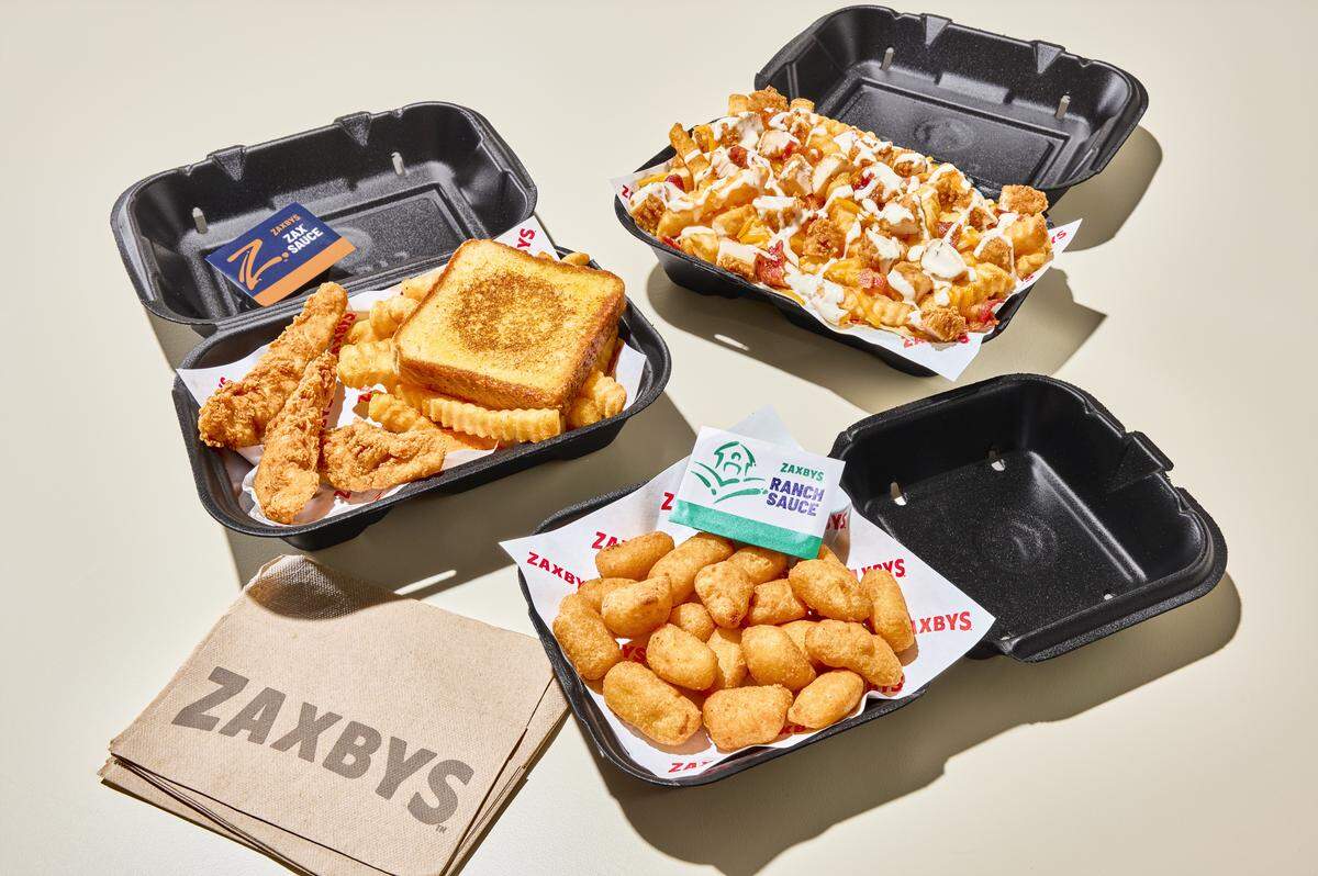 Pictured here is Zaxby’s chicken tender combo, loaded chicken bacon ranch fries and fried white cheddar cheese bites.