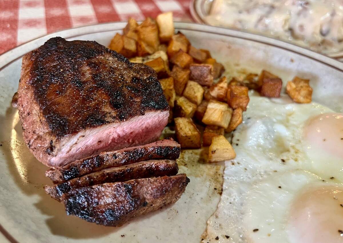 A top sirloin steak and eggs breakfast at the Star Cafe in Fort Worth, seen June 4, 2023.