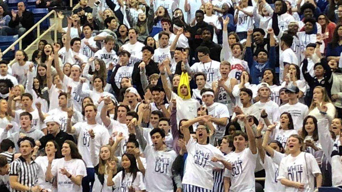 Nolan Catholic student section erupts following a basket by the Vikings, Friday Jan. 25, 2019.