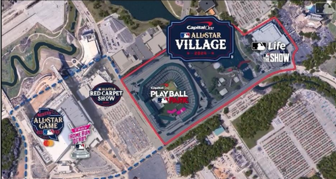 A map of the Capital One All-Star Village which will be held at Choctaw Stadium, Arlington Entertainment District’s North Lawn and Esports Stadium Arlington + Expo Center from July 13-16.