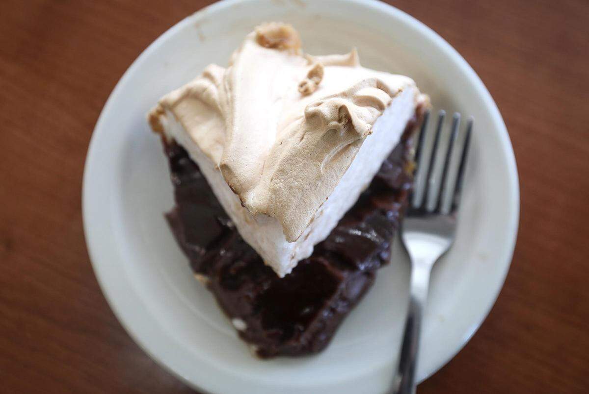 The chocolate meringue pie is served Wednesdays and Saturdays at Carshon’s Kosher Market in Fort Worth.