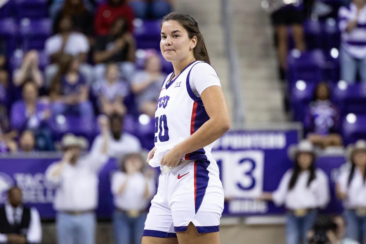 TCU guard Ella Hamlin (20) checks into the game in the second half of an NCAA game between TCU and Houston at Schollmaier Arena in Fort Worth on Wednesday, Feb. 26, 2025. Hamlin was awarded a full scholarship this season after her participation in the injury-riddled team last season,