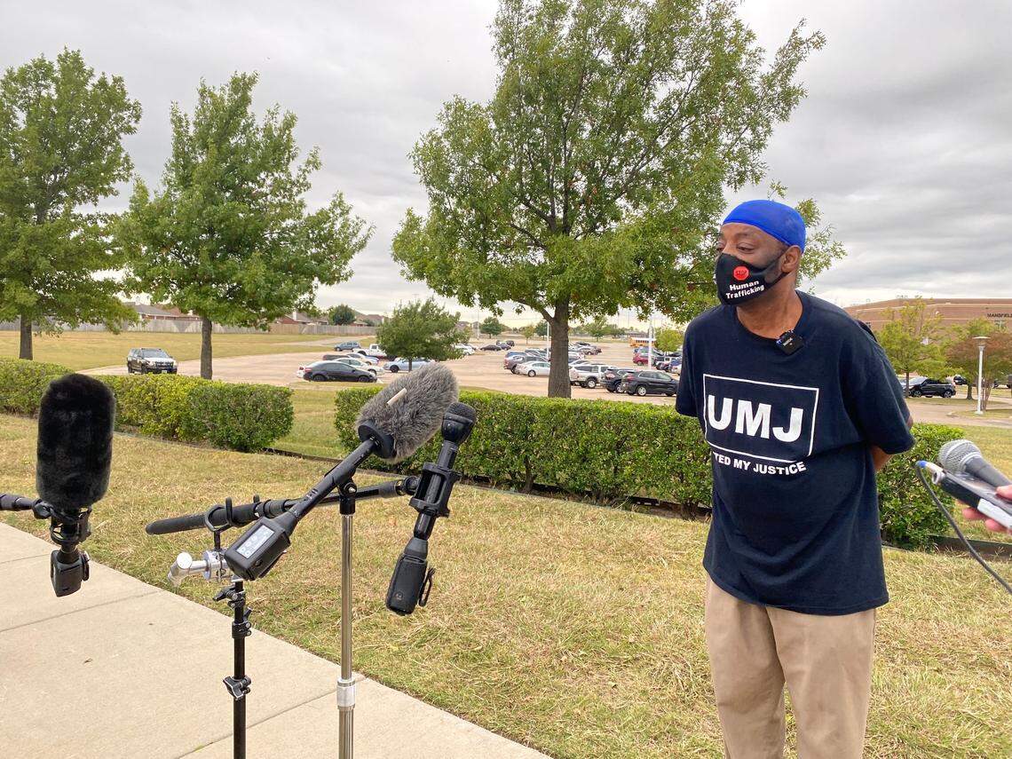 United My Justice President Donnell Ballard gathered a small group outside Timberview High School on Tuesday morning to protest what he called the school district’s lack of clarity regarding safety measures and changes following a school shooting last Wednesday.