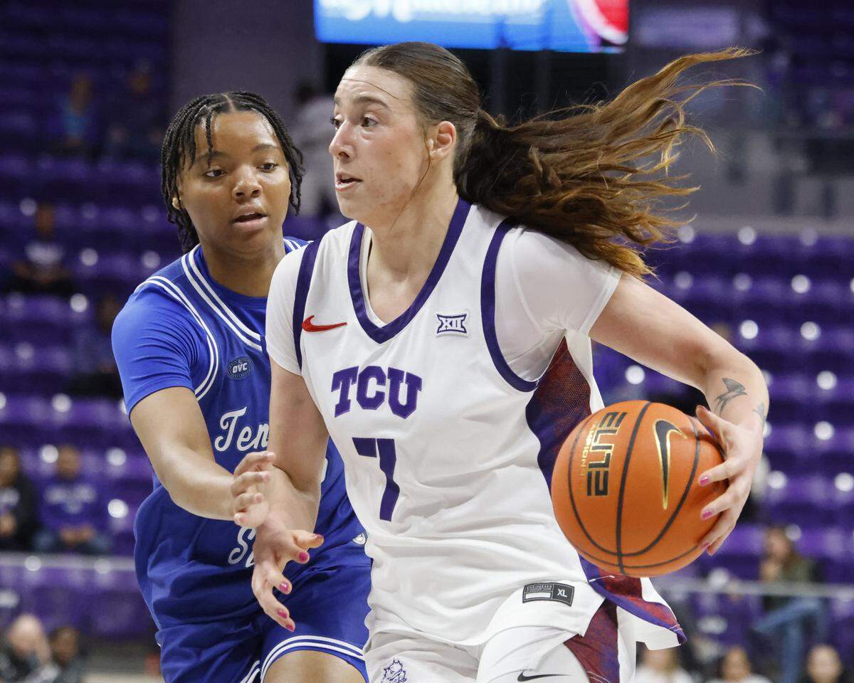 TCU forward Marta Suarez (7) turns into the key for a shot during the first quarter of a NCAA women's basketball game between Tennessee State and TCU at Schollmaier Arena in Fort Worth, Texas, Wednesday Nov. 12, 2025.
