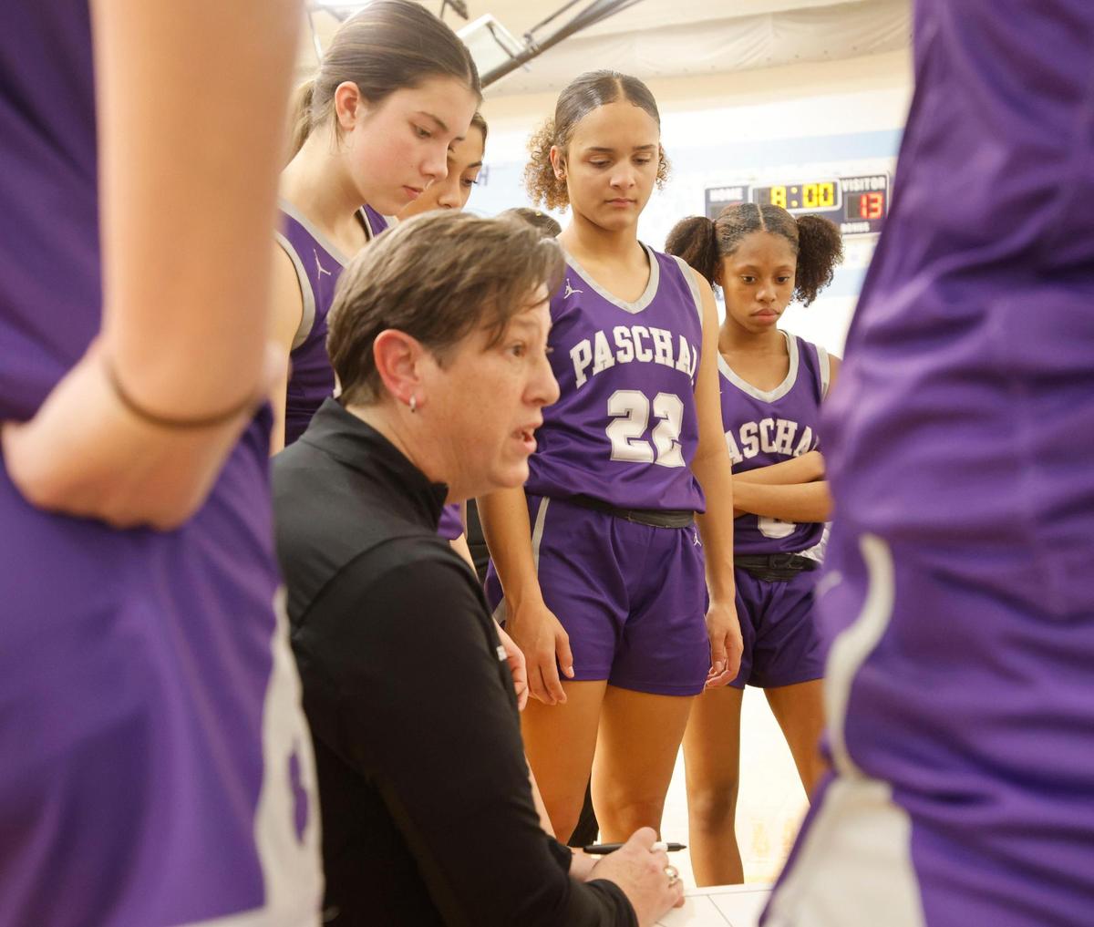 Paschal head coach Shannon Brown talks to the team during a time out during a UIL girls basketball game at O.D. Wyatt High School in Fort Worth, Texas, Friday, Jan. 24, 2025.