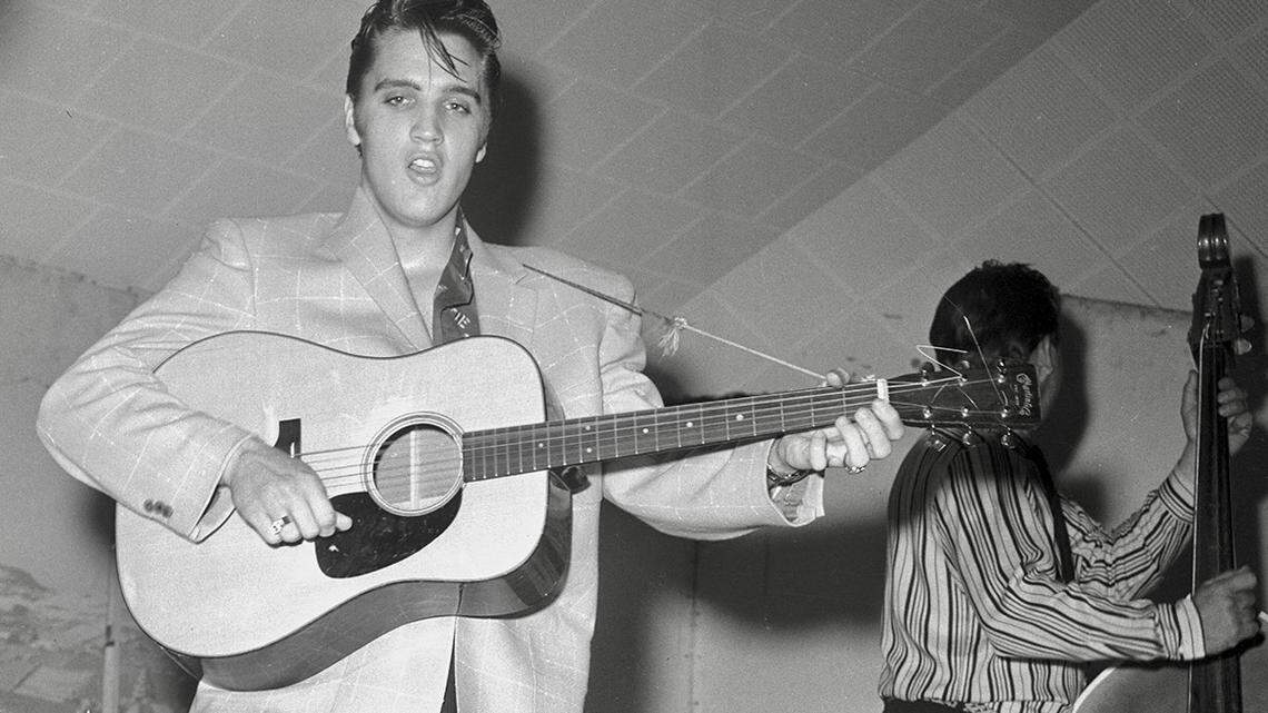 Elvis Presley, 21, performing at Fort Worth’s North Side Coliseum with The Blue Moon Boys, April 20, 1956.