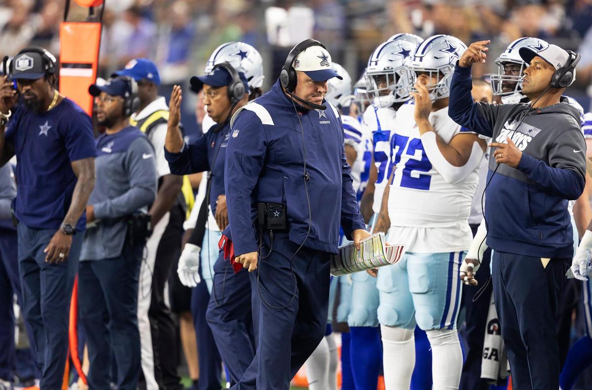 Dallas Cowboys head coach Mike McCarthy reacts on the sideline during the 2022 season opener against the Tampa Bay Buccaneers on Sunday, September 11, 2022, at AT&T Stadium in Arlington.