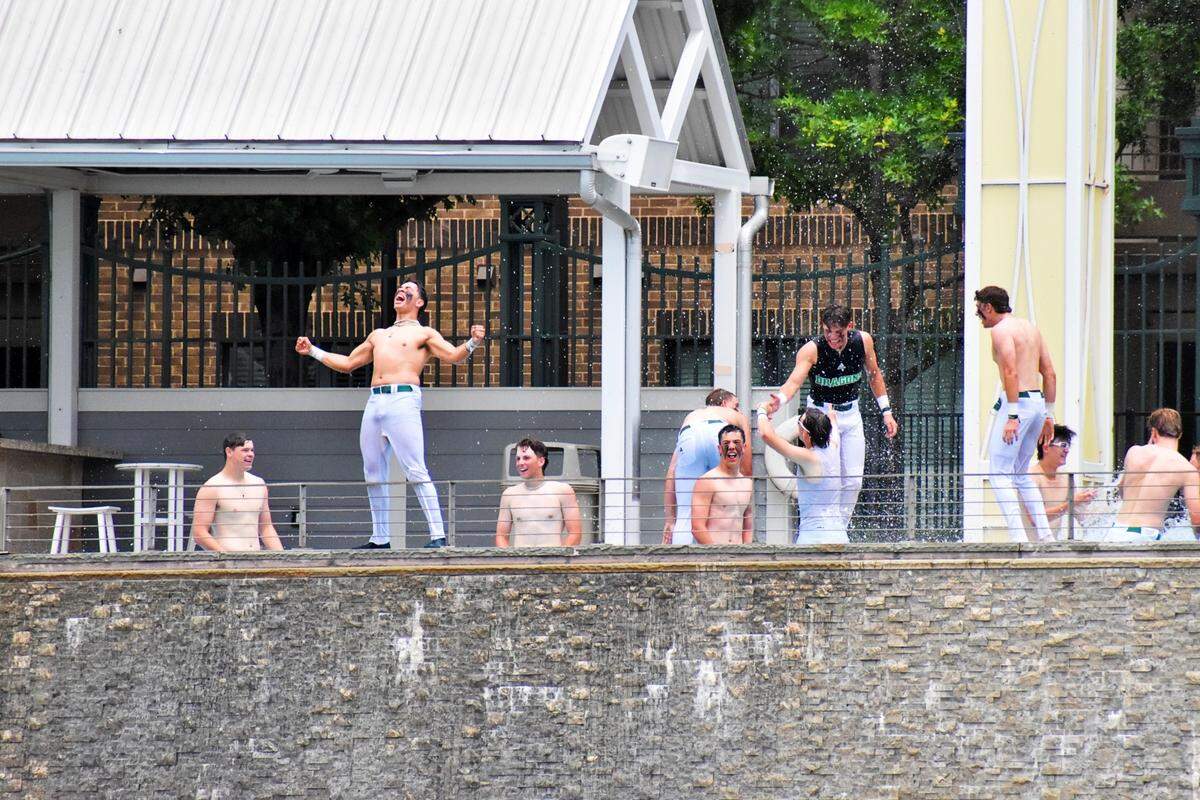 Southlake Carroll baseball celebrates an area round series victory in the pool at Riders Field in Frisco on Saturday, May 10, 2025.