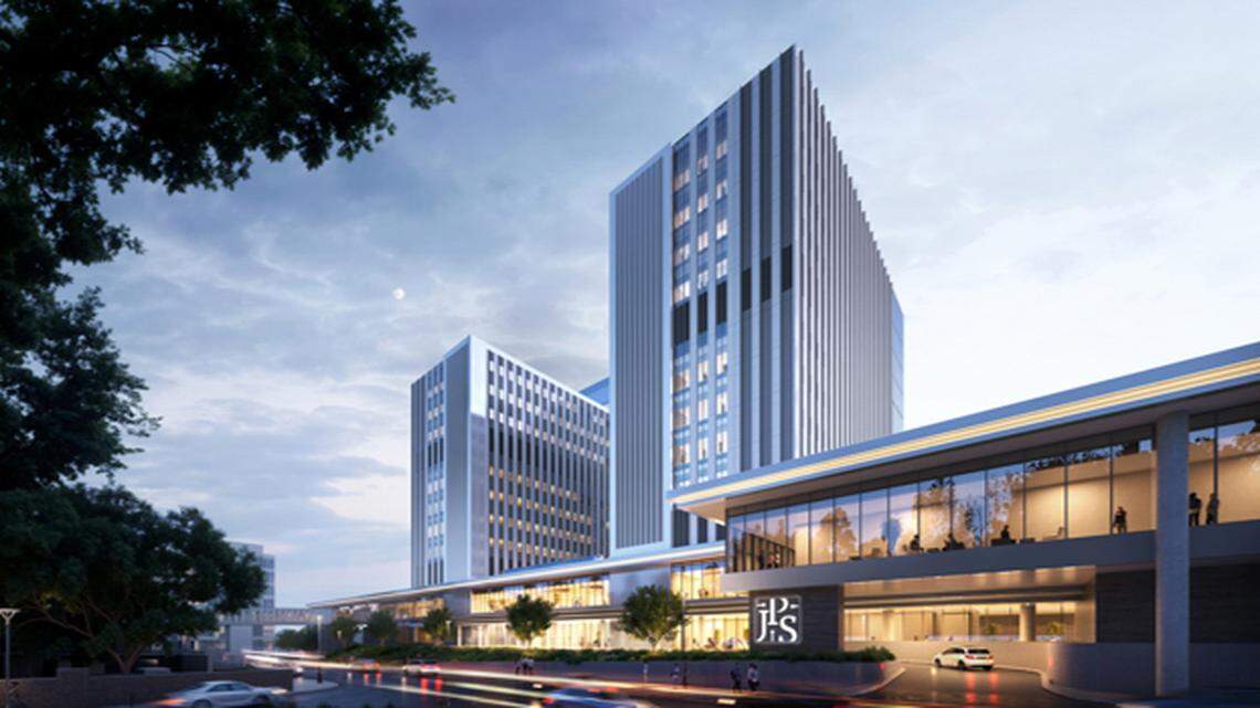 A rendering of the two new hospital towers on the JPS campus that will open in 2030. The towers will have the capacity for more than 800 beds, up from 582 in the existing hospital.