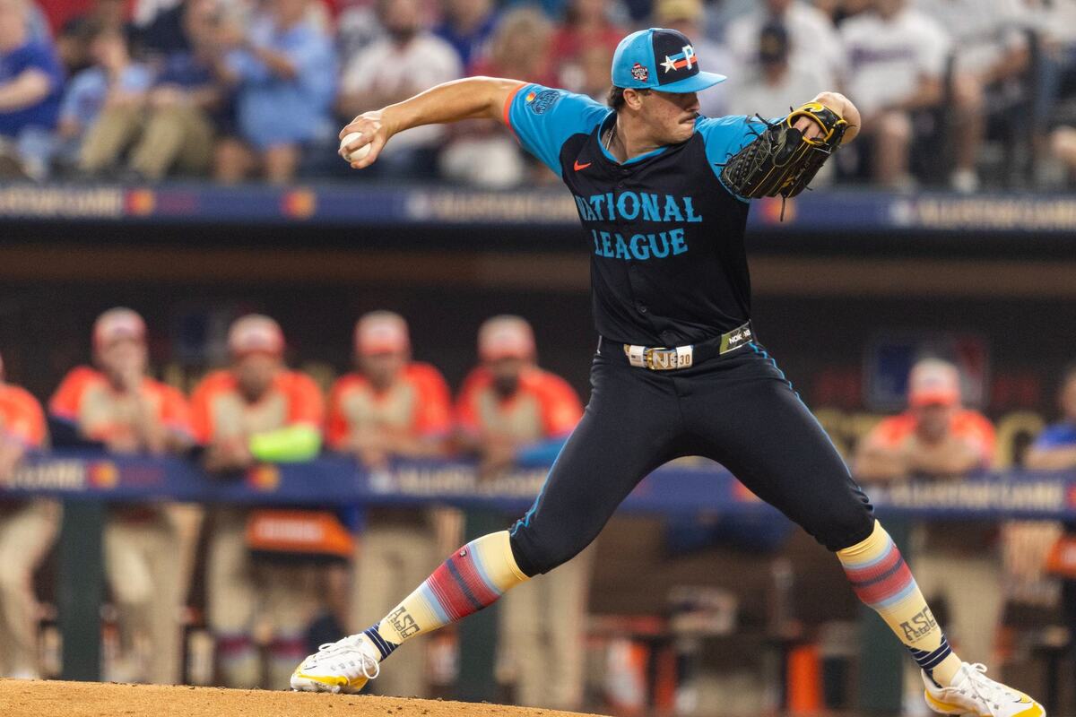 National League starting pitcher Paul Skenes prepares to throw a pitch in the first inning of the MLB All Star Game at Globe Life Field in Arlington on Tuesday July 16, 2024.