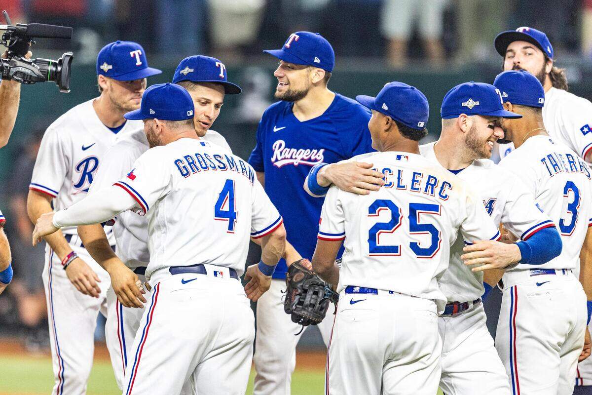 The Texas Rangers celebrate after defeating the Baltimore Orioles in three games to clinch the 2023 ALDS at Globe Life Field in Arlington on Tuesday, Oct. 10, 2023. Rangers won 7-1 and advance to the ALCS.