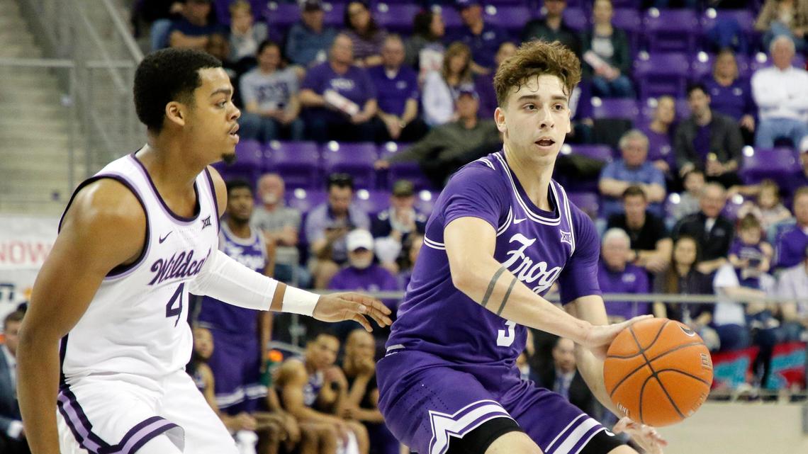 TCU guard Francisco Farabello (right) passes the ball away from Kansas State guard David Sloan (4) in the first half of a NCAA basketball game at Schollmaier Arena in Fort Worth, Texas, Saturday, Feb. 15, 2020. Kansas State led by one at the half. (Special to the Star-Telegram Bob Booth)