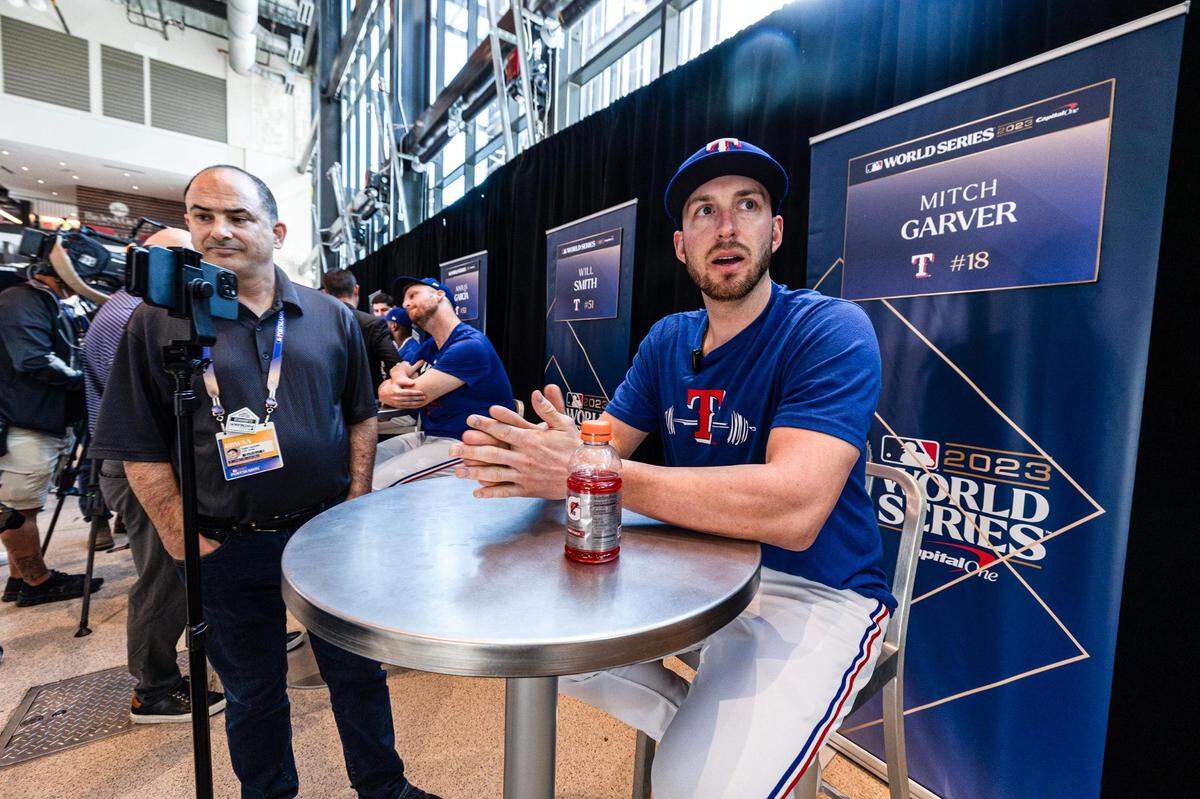 Texas Rangers catcher Mitch Garver speaks with the media during 2023 World Series Media Day at Globe Life Field in Arlington on Thursday, Oct. 26, 2023.