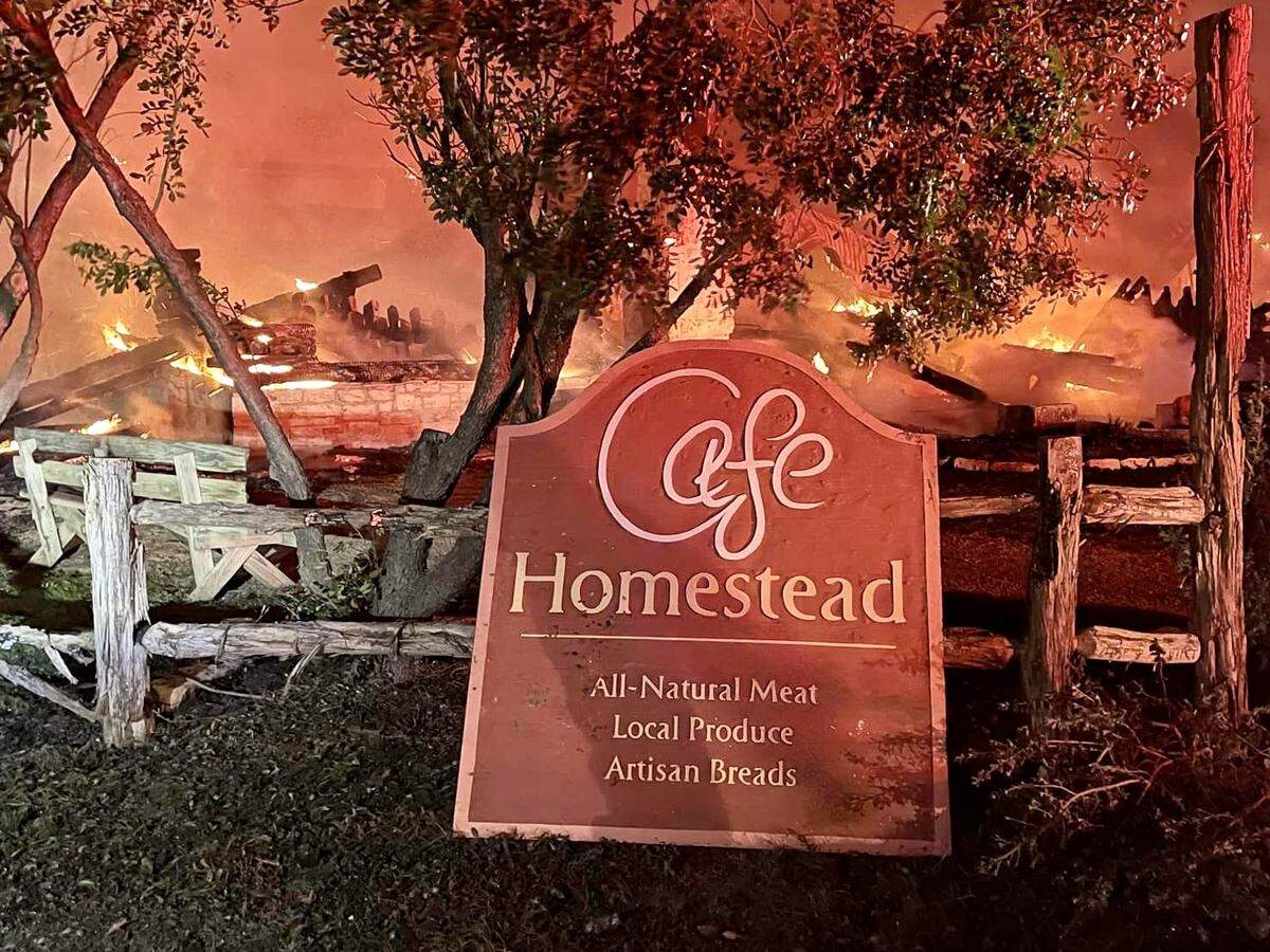 Cafe Homestead, on a religious farming comunity near Waco, was destroyed by fire Dec. 23, 2022.