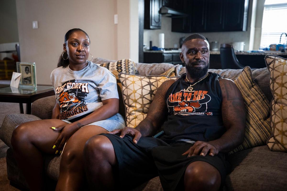 Jamee Kneeland, left, and Coach Rory Johnson talk about dealing with the aftermath of a shooting at a pee wee football game, Tuesday, Sept. 17, 2019, in Fort Worth. Kneeland was shot in the leg and her daughter was grazed by a bullet during Saturday’s games.