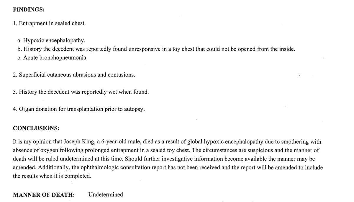 A corrected autopsy report for Joseph King III determined he died from global hypoxic encephalopathy, a condition associated with a lack of oxygen. The circumstances of the 6-year-old’s death were determined to be “suspicious.”