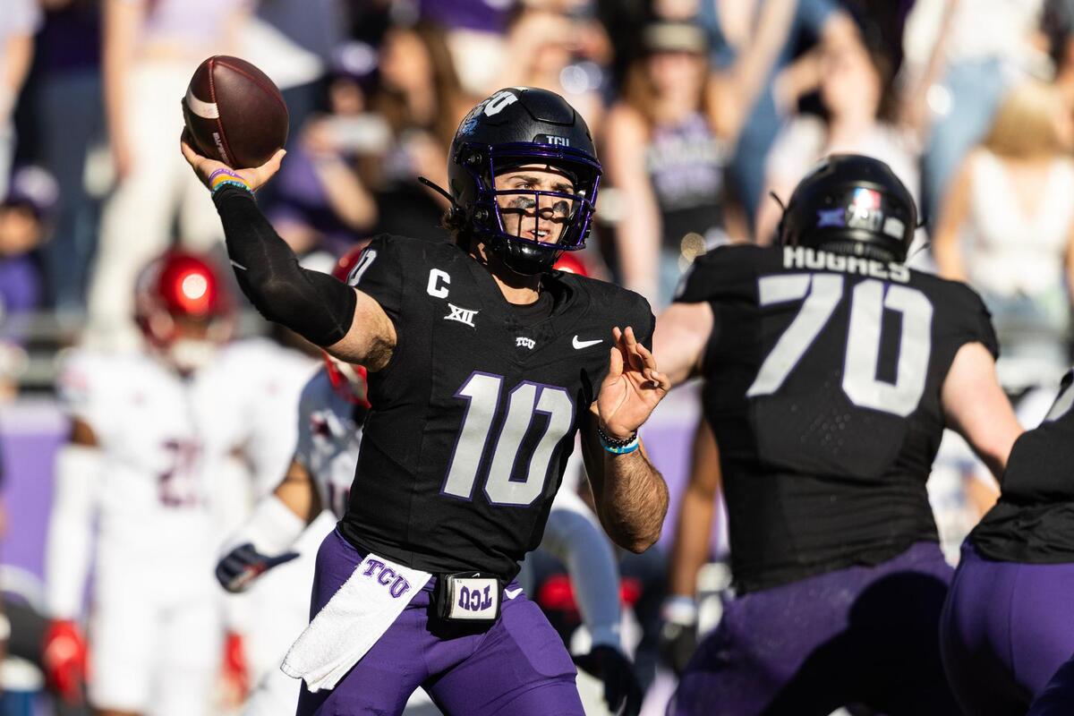 TCU quarterback Josh Hoover (10) throws a pass in the first half of a NCAA football game at Amon G. Carter Stadium in Fort Worth on Saturday, Nov. 23, 2024.