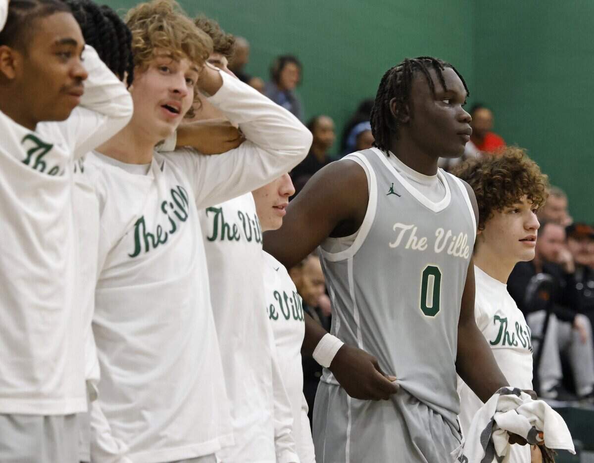 Birdville forward Gabriel Zachariah (0) watches free throws against Denton Ryan with team mates during the second half of a UIL basketball game at Birdville High School in North Richland Hills, Texas, Tuesday Feb. 17, 2026.