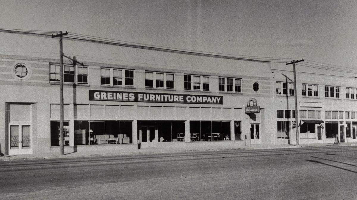 The Greines family furniture store in the 1300 block of North Main Street was refurbished in 1935 with a Moderne-style facade still in evidence today.