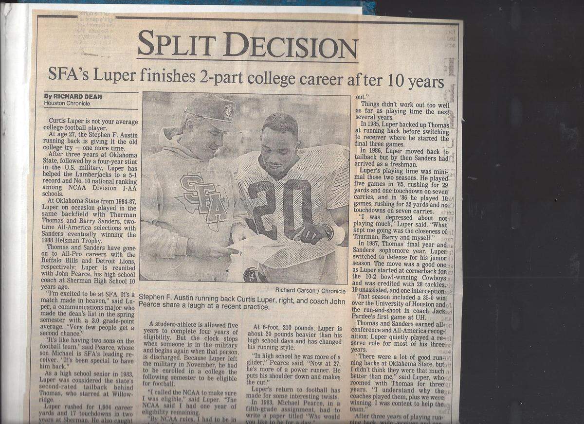 Story in the Houston Chronicle about Curtis Luper resuming his playing career at age 27.
