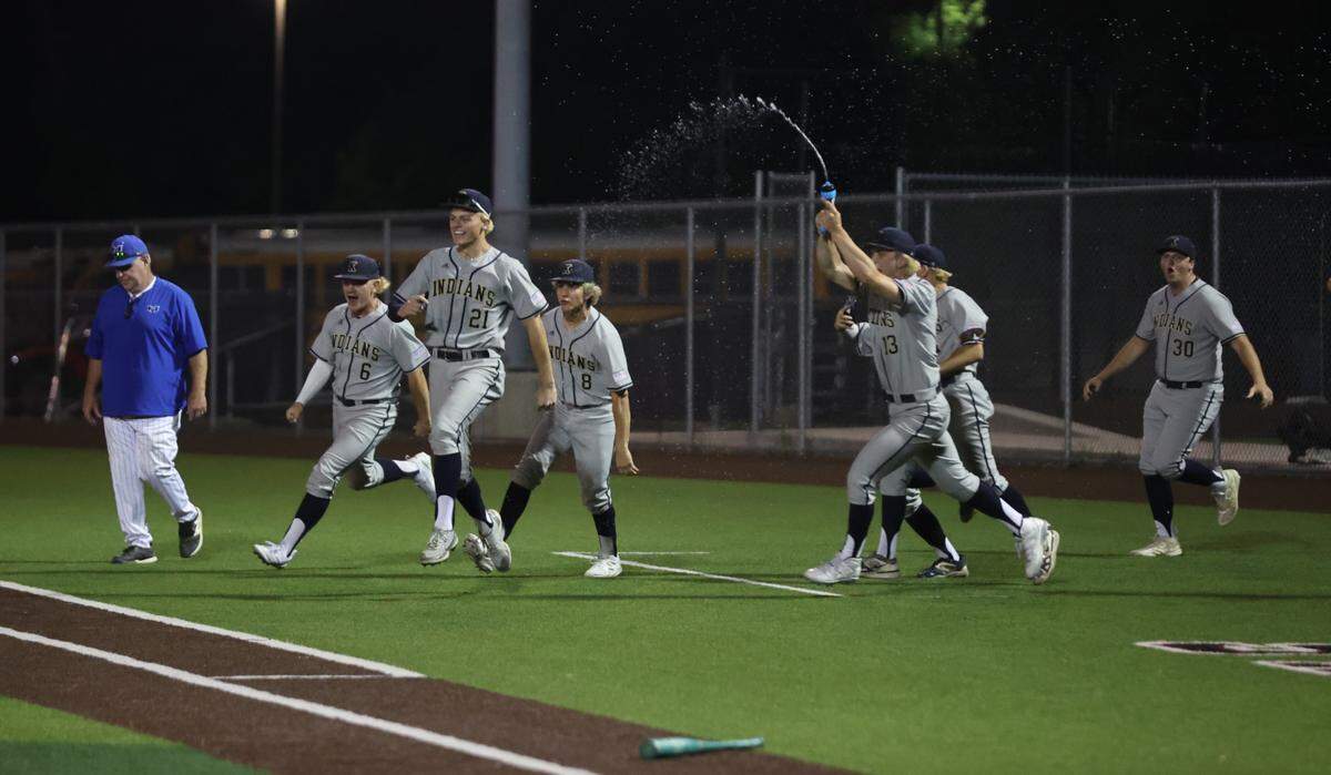 Keller players rush the field after the final out against Hebron in Game 2 of their Class 6A Division 1 regional semifinal on Friday, May 16, 2025 at the Coppell Baseball/Softball Complex in Coppell, Texas. Keller defeated Hebron 7-1 to sweep the series.