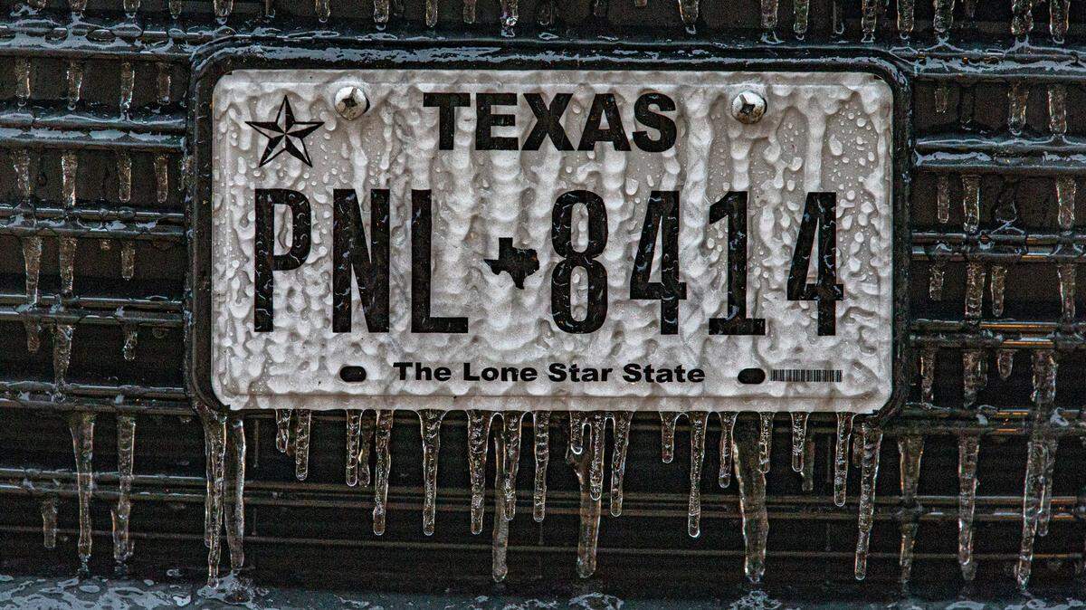 An ice storm that rolled through Granbury, Texas, Wednesday, Feb. 1, 2023, left its mark on a license plate.
