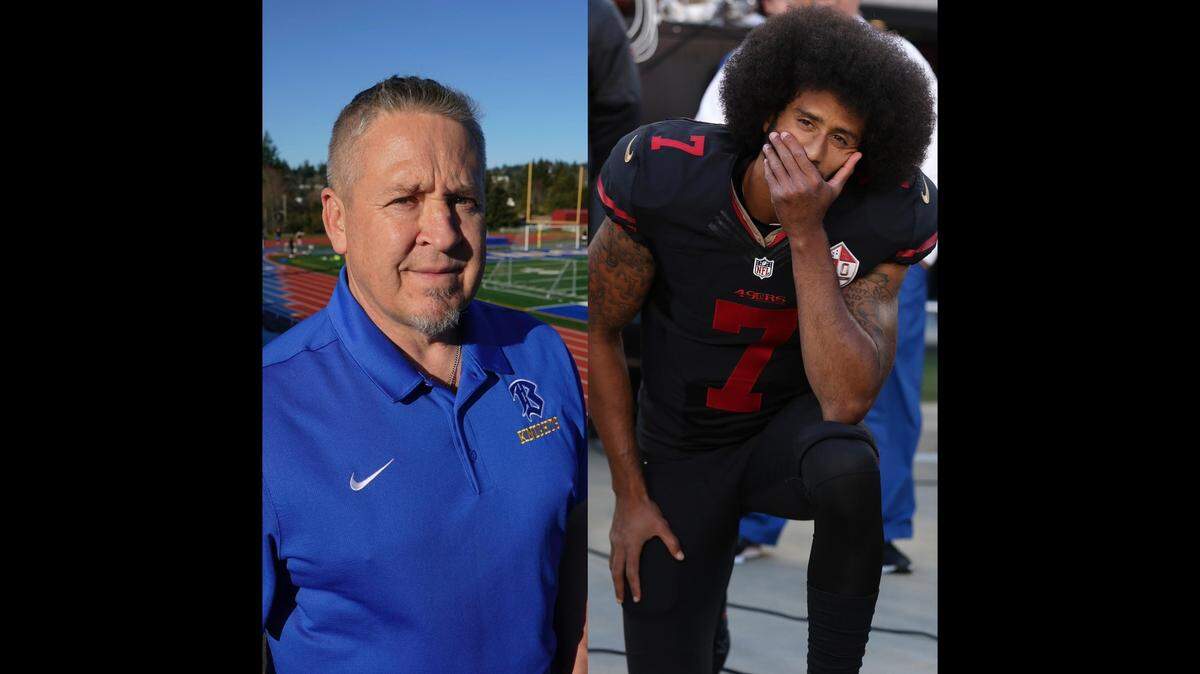Joseph Kennedy, left, was an assistant high school football coach near Seattle who lost his job over leading a post-game prayer when he performed the same act as former San Francisco 49ers football quarterback Colin Kaepernick. They both took a knee before, or right after, a football game. On Monday, the Supreme Court ruled in favor of Kennedy’s right to pray after a game.
