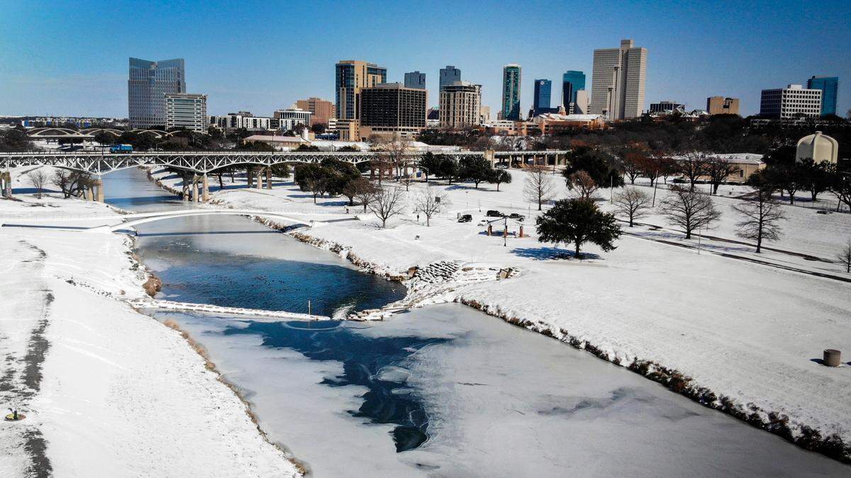 Feb. 15, 2021: The Trinity River is partly frozen after a winter storm in Fort Worth.