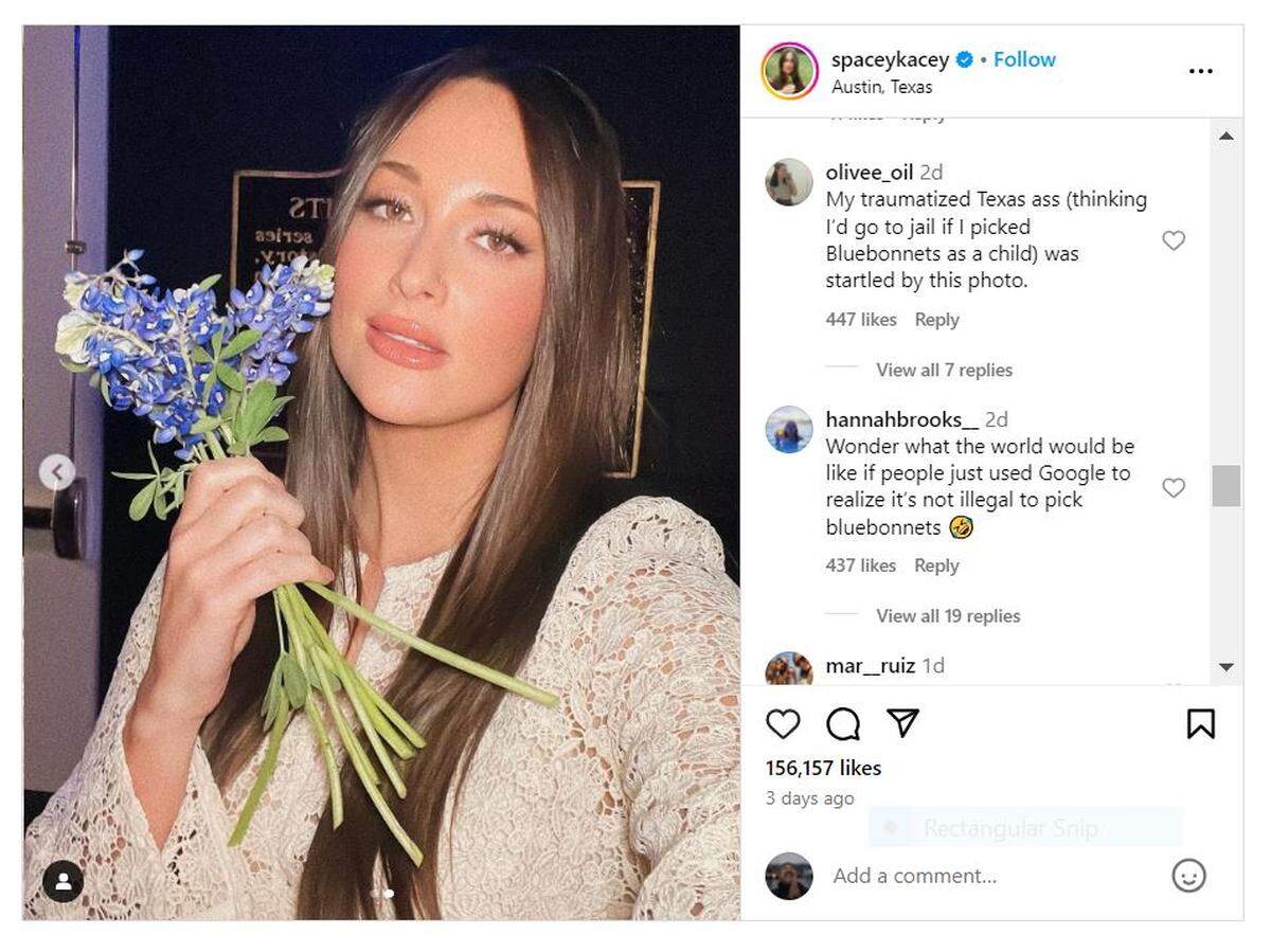 An Instagram post that led to a conversation about the legality of picking bluebonnet blooms in Texas.