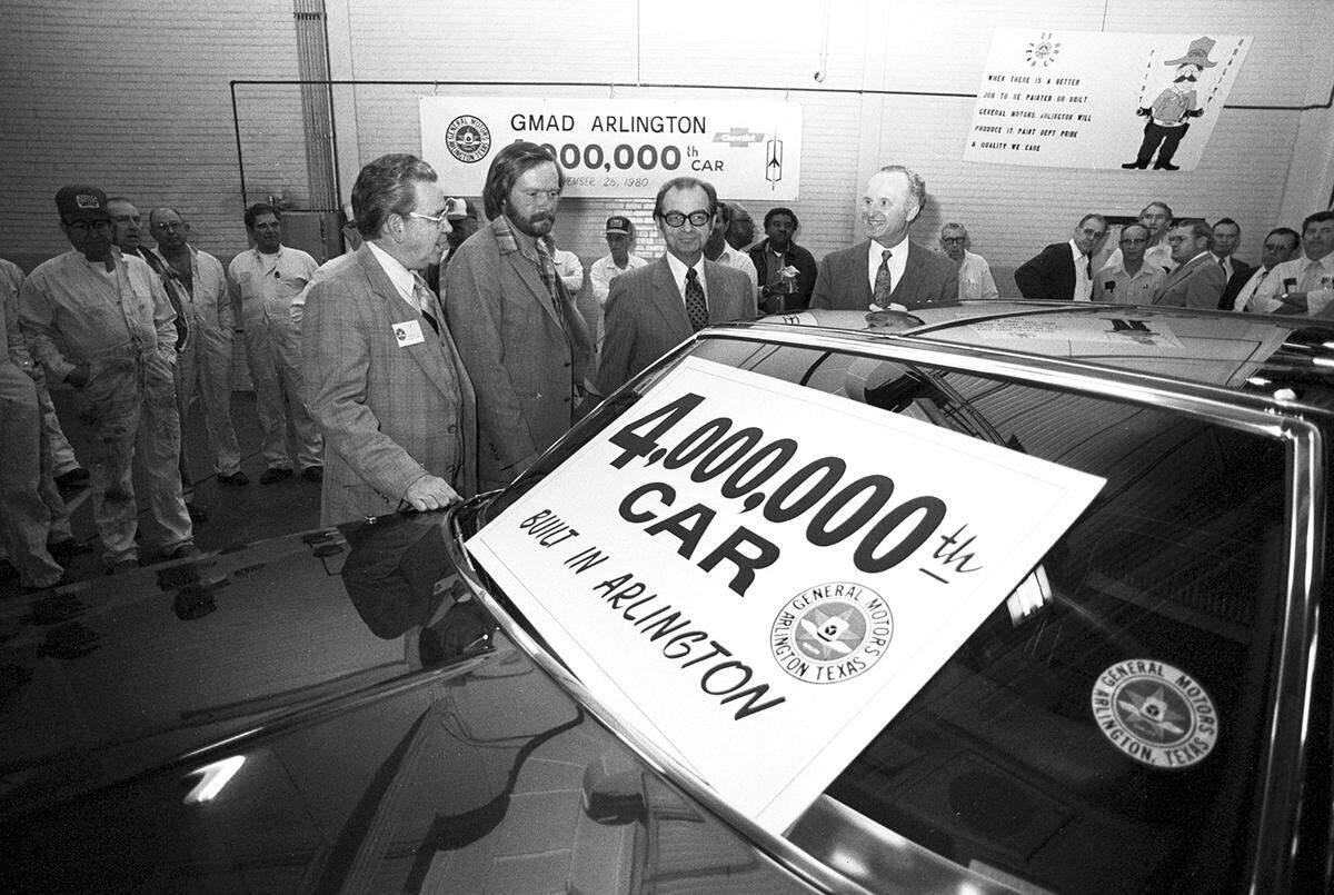 Nov. 26, 1980: General Motors Assembly in Arlington celebrates its 4 millionth automobile produced. The keys to the blue Chevrolet Monte Carlo were handed to former Mayor Tom Vandergriff, who would deliver it through Vandergriff Chevrolet Inc.