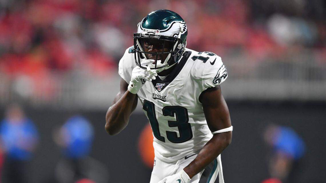Philadelphia Eagles wide receiver Nelson Agholor (13) works against the Atlanta Falcons during the first half of an NFL football game, Sunday, Sept. 15, 2019, in Atlanta. (AP Photo/John Amis)