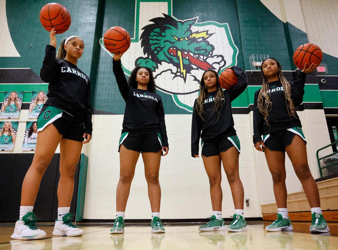 The Jordan sisters, Gianna, Milania, Natalia and Nadia photographed during basketball practice at Southlake Sr. High School in Southlake, Texas, Tuesday, Feb. 06, 2024.